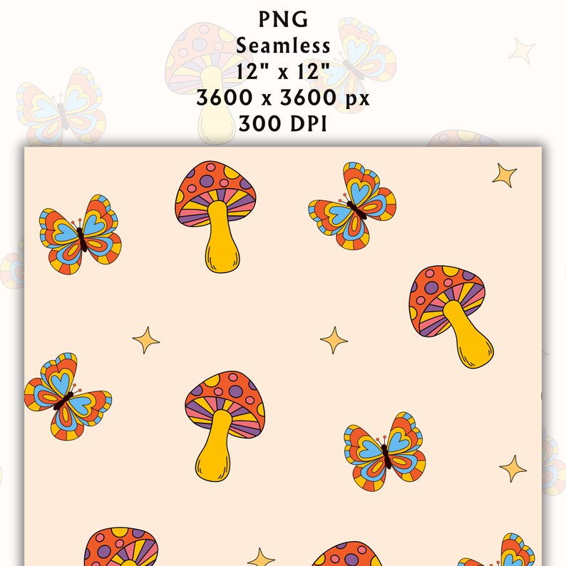 Preview image for Retro Mushrooms and Butterflies Digital Design Paper