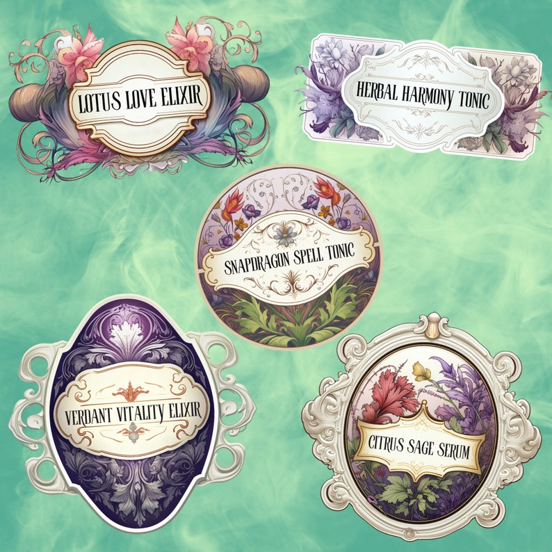 Preview image for an Editable Botanical Apothecary Labels Canva Template