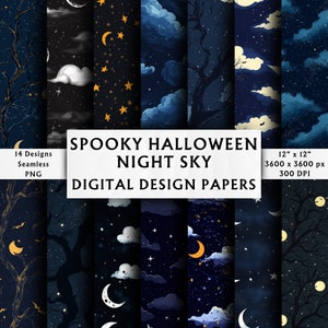 Op de afbeelding: Een set van 14 digitale papierontwerpen met griezelige Halloween-nachthemelpatronen. De ontwerpen bevatten sterren, wolken, manen en bomen in tinten blauw, zwart en geel. Elk ontwerp is 30,48 cm bij 30,48 cm en 300 DPI.