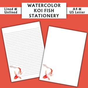 Papelería con peces koi en acuarela - Papelería imprimible - Papelería digital con acuarela - Papelería para acuarios - Papel de escritura digital