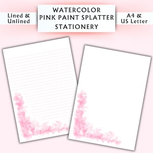 Papelería con salpicaduras de pintura de acuarela rosa - Papelería imprimible - Papelería digital con acuarela - Papelería rosa - Papel de escritura digital
