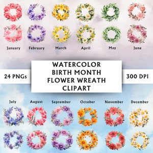 Paquete de imágenes prediseñadas de flores de nacimiento en acuarela - Imágenes prediseñadas de coronas de flores de nacimiento - Paquete floral en acuarela - Descarga instantánea - 24 diseños