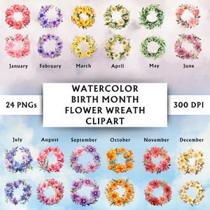 Cover image for 24 Watercolor Birth Month Flower Wreath Clipart Digital Designs