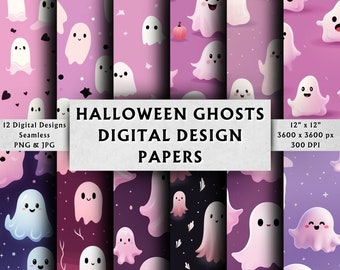 May include: Twelve digital paper designs featuring cute cartoon ghosts with different expressions on a purple background. The papers are seamless and come in PNG and JPG formats. The text "HALLOWEEN GHOSTS DIGITAL DESIGN PAPERS" is displayed in the center of the image.