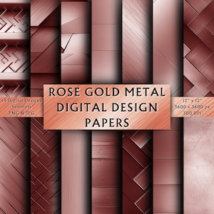 Könnte beinhalten: Ein Set mit 14 digitalen nahtlosen Rosenholz-Metallpapieren. Jedes Papier ist 30,48 cm x 30,48 cm groß und hat eine Auflösung von 3600 Pixel x 3600 Pixel bei 300 DPI. Die Papiere zeigen eine Vielzahl von Texturen, darunter gebürstete, gehämmerte und geometrische Muster.