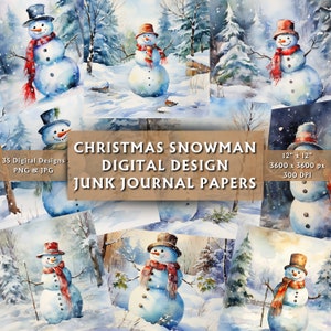 Christmas Snowman Junk Journal Digital Papers - Christmas Scrapbook Papers - Digital Background - Watercolor Snowman Download - 35 Designs