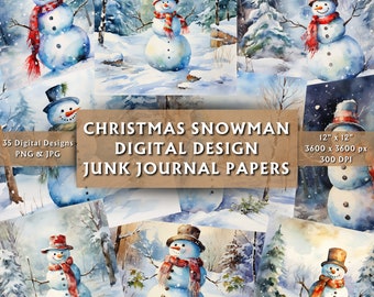 Christmas Snowman Junk Journal Digital Papers - Christmas Scrapbook Papers - Digital Background - Watercolor Snowman Download - 35 Designs