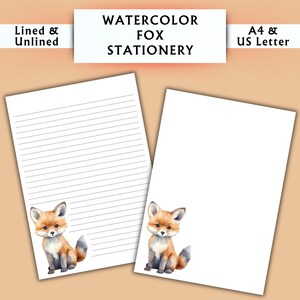 Papelería con acuarela de Fox - Papelería imprimible - Papelería digital con acuarela - Papelería Cottagecore - Papel de escritura digital