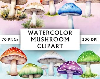 Watercolor Mushroom Downloadable Clipart - Mushroom Clipart - Toadstool Clipart - Forest Nature PNG - Instant Download - 70 Designs