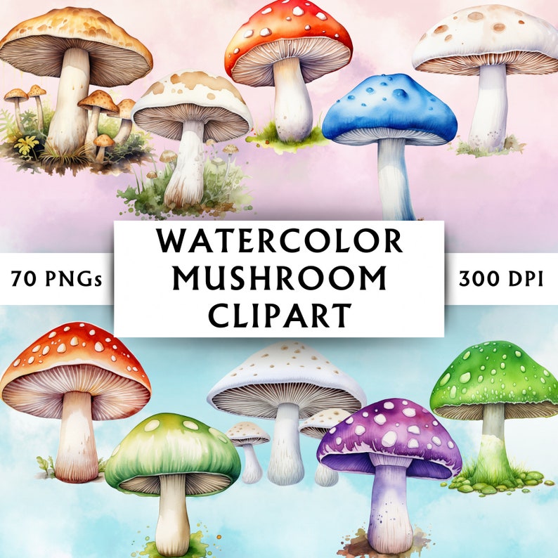 Cover image for 70 Watercolor Mushroom Clipart Digital Sticker Designs