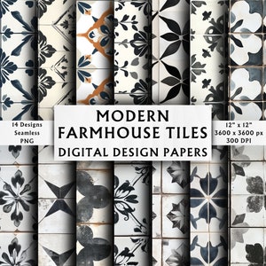 May include: 14 digital paper designs featuring modern farmhouse tiles in black, white, and blue with a distressed look. Each design is 12 inches by 12 inches and 3600 pixels by 3600 pixels at 300 DPI.