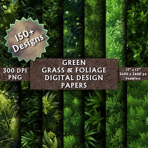 May include: A collection of 150+ seamless digital paper designs featuring various shades of green grass and foliage. Each design is 12 inches by 12 inches and 3600 pixels by 3600 pixels, at 300 DPI.