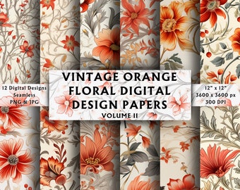 Papeles digitales florales naranjas vintage, vol. 2 - Papel para álbumes de recortes - Sin costuras - Fondo digital - Shabby Chic - Descarga instantánea - 12 diseños