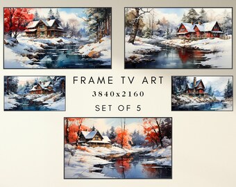 Winter Frame TV Art - Watercolor Winter Cabin Art for TV - Holiday TV Frame Art - Xmas Frame Tv Art - 5 Instant Digital Downloads