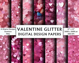Valentine Glitter Digital Papers - Seamless Heart Glitter Patterns - Scrapbook Papers - Pink Heart Digital Backgrounds - 14 Designs