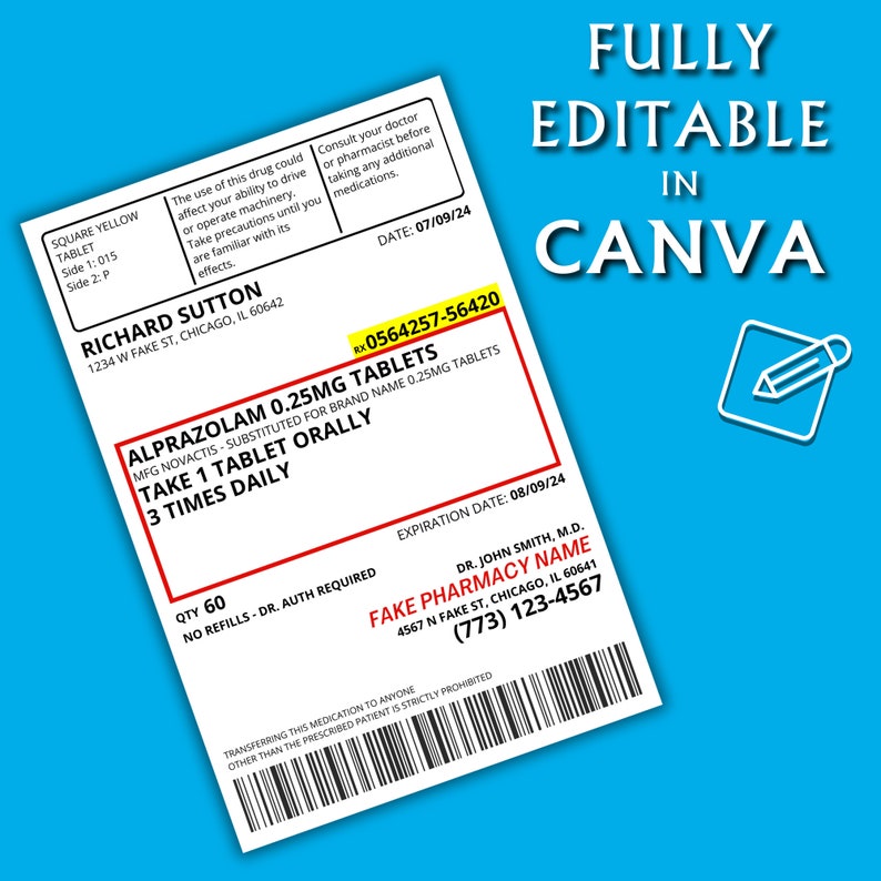 Preview image for an Editable Vertical Prescription Label Canva Template