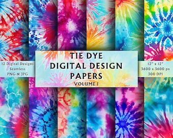 May include: Twelve digital paper designs featuring tie dye patterns in various colors, including blue, pink, yellow, and green. The papers are seamless and come in PNG and JPG formats. The text "TIE DYE DIGITAL DESIGN PAPERS VOLUME I" is displayed in the center of the image.