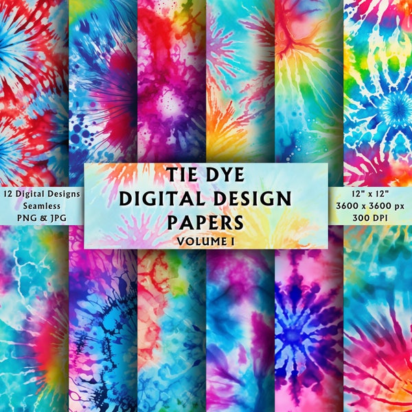 Tie Dye Digital Papers Vol 1 - Scrapbook Paper - Seamless - Digital Background - Hippie Pattern - Watercolor - Instant Download - 12 Designs