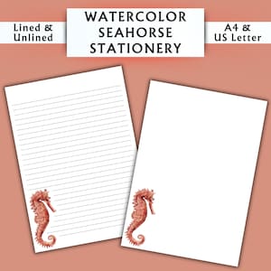 Papelería con caballitos de mar en acuarela - Papelería imprimible - Papelería digital con acuarela - Papelería para acuarios - Papel de escritura digital