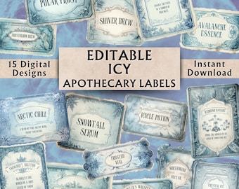 Editable Icy Apothecary Labels - Printable Apothecary Bottle Labels - Custom Vintage Potion Labels - Instant Download - 15 Designs