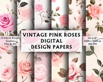 Vintage Pink Roses Digital Papers  - Scrapbook Paper - Seamless - Digital Background - Shabby Chic - Instant Download - 12 Designs