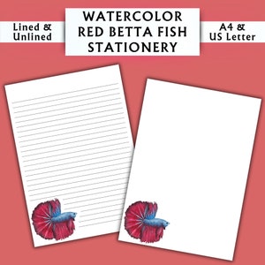 Papelería con diseño de pez Betta rojo en acuarela - Papelería imprimible - Papelería digital con acuarela - Papelería para acuarios - Papel de escritura digital