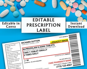 Editable Prescription Label Template - Printable Editable Horizontal RX Bottle - Pill Bottle Label - Canva Template - Instant Download #01