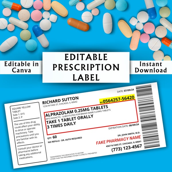 Editable Prescription Label Template - Printable Editable Horizontal RX Bottle - Pill Bottle Label - Canva Template - Instant Download #01