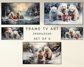 Christmas Frame TV Art - Watercolor Christmas Polar Bear Art for TV - Holiday TV Frame Art - Xmas Frame Tv Art - 5 Instant Digital Downloads