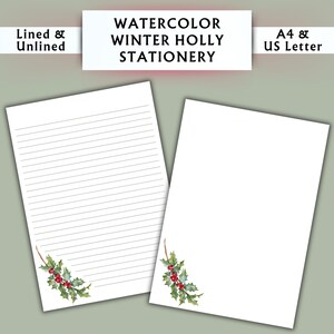 Papelería de invierno con acebo en acuarela - Papelería imprimible - Papelería digital con acuarela - Papelería navideña - Papel de escritura digital