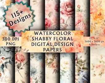 Watercolor Shabby Floral Digital Papers - Seamless Paper - Vintage Rustic Shabby Flower Paper Backgrounds - Instant Download - 115+ Designs