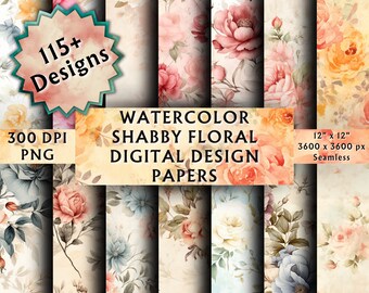 Watercolor Shabby Floral Digital Papers - Seamless Paper - Vintage Rustic Shabby Flower Paper Backgrounds - Instant Download - 115+ Designs