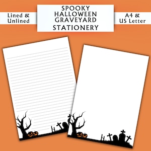 Papelería de cementerio espeluznante de Halloween - Papelería imprimible - Papelería digital con acuarela - Papelería con forma de calabaza - Papel de escritura digital
