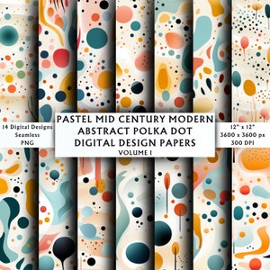 May include: A set of 14 digital paper designs featuring abstract polka dot patterns in pastel colors. The designs are seamless and perfect for crafting projects, scrapbooking, and digital design.
