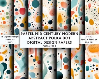 Pastel Mid Century Modern Abstract Polka Dot Digital Papers Vol 1 - Scrapbook Paper - Seamless Pattern - Instant Download - 14 Designs