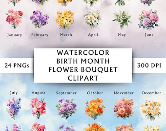Watercolor Birth Month Flowers Clipart Bundle - Birth Flowers Clipart - Watercolor Floral Clipart Bundle - Instant Download - 24 Designs
