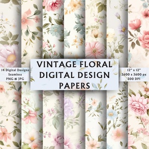 以下が含まれることがあります： 淡いピンク、ブルー、グリーンの色合いのヴィンテージな花柄が特徴のデジタルペーパーデザイン14点セット。各デザインは12インチ×12インチ、3600ピクセル×3600ピクセル、300 DPIです。シームレスで、PNGとJPG形式で提供されます。