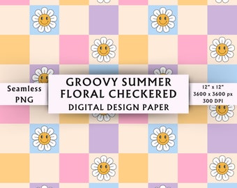 Groovy Summer Floral Checkered Digital Paper - Diasy Checkered Pattern - Bright Girl Summer Pattern - Retro Floral Design - Instant Download