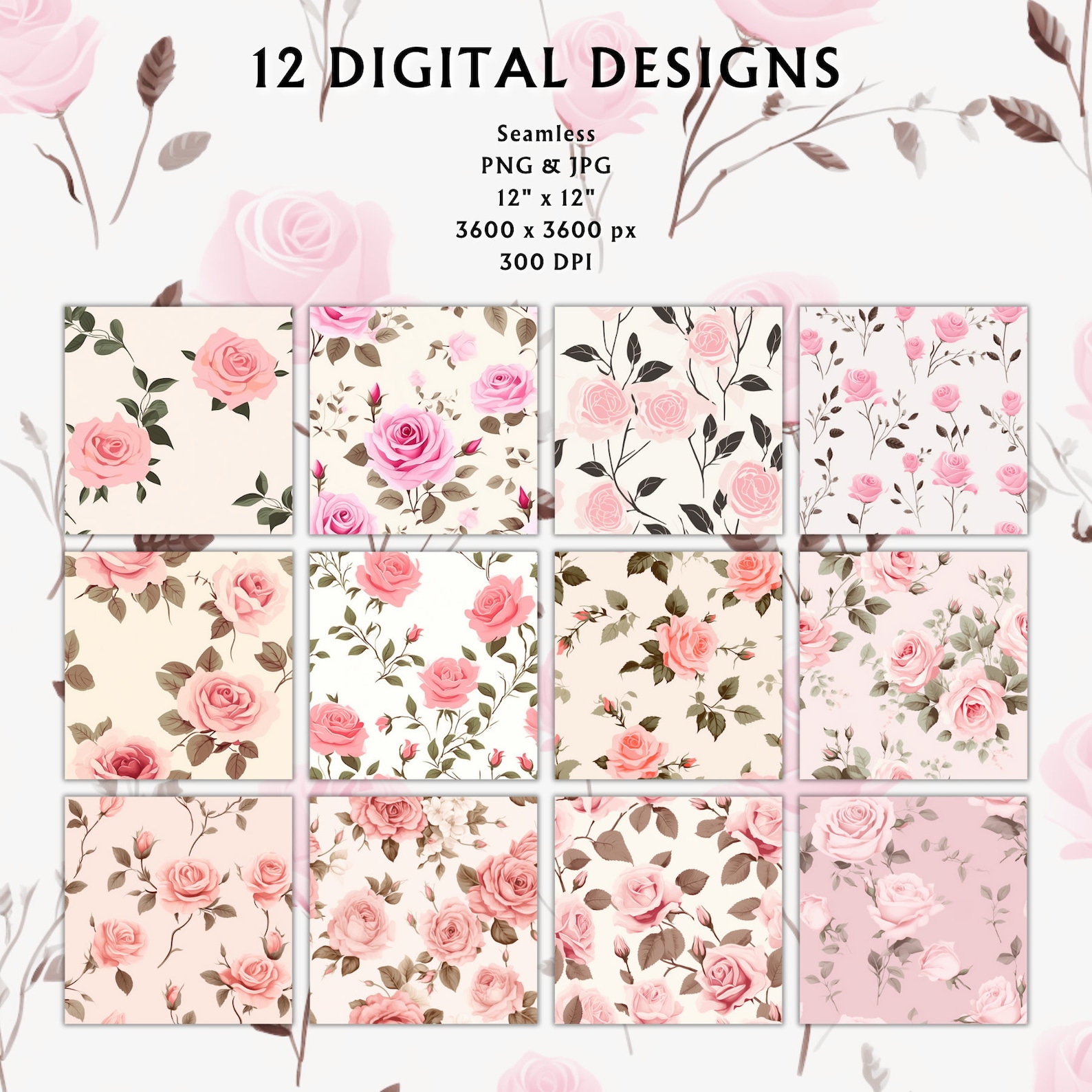 Vintage Pink Roses Digital Papers - Scrapbook Paper - Seamless ...