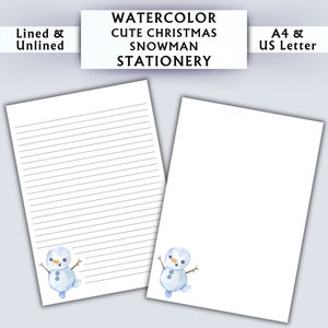 Papelería con diseño de muñeco de nieve navideño con acuarela - Papelería imprimible - Papelería digital de invierno con acuarela - Papel de escritura digital