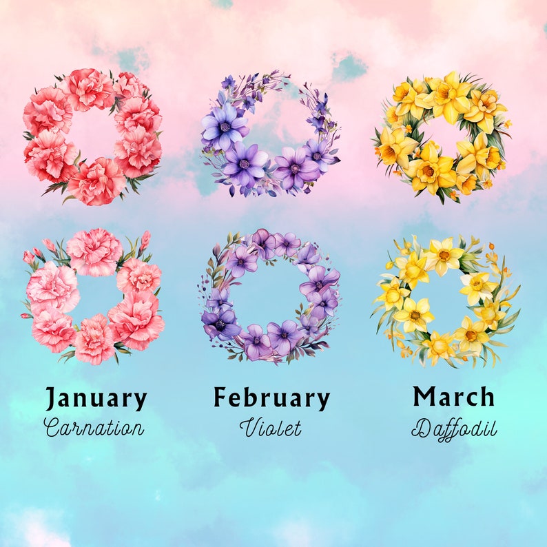 Preview image for 24 Watercolor Birth Month Flower Wreath Clipart Digital Designs