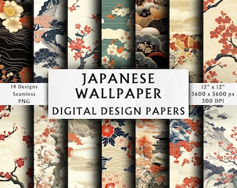 Op de afbeelding: Een set van 14 digitale Japanse behangontwerpen met traditionele patronen en afbeeldingen, waaronder kersenbloesems, bergen en golven. De ontwerpen zijn naadloos en worden geleverd in vierkanten van 30,5 cm bij 30,5 cm met 300 DPI.