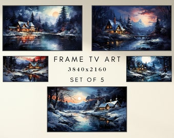 Winter Frame TV Art - Watercolor Winter Night Cabin Art for TV - Holiday TV Frame Art - Xmas Frame Tv Art - 5 Instant Digital Downloads