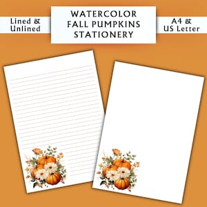Papelería con calabazas de otoño en acuarela - Papelería imprimible - Papelería digital con acuarela - Papelería otoñal con motivos naturales - Papel para escribir digital
