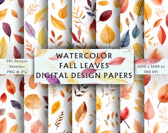 Watercolor Fall Leaves Digital Papers - Autumn Leaf - Fall Leaf - Seamless Patterns - Digital Background - Instant Download - 50+ Designs