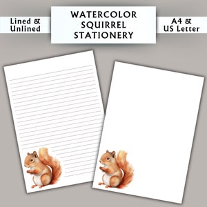 Papelería con diseño de ardillas en acuarela - Papelería imprimible - Papelería digital con acuarela - Papelería Cottagecore - Papel para escribir digital