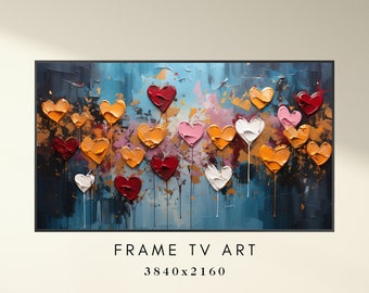 Valentine's Day Frame TV Art - Valentine Hearts Frame Tv Art - Painted Hearts on Blue Canvas Art for TV -Instant Download