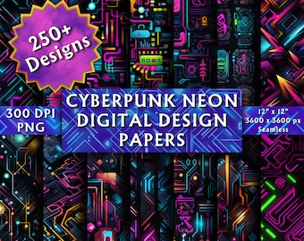 Cyberpunk Neon Digital Papers - Seamless Paper - Cyberpunk Design Textures - Neon Cyberpunk Backgrounds - Instant Download - 250+ Designs