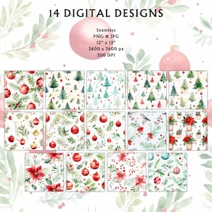 Preview image for 14 Seamless Watercolor Christmas Inspired Digital Design Papers