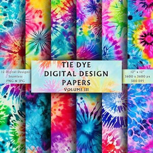 Könnte beinhalten: Zwölf digitale Papierdesigns mit Batik-Mustern in verschiedenen Farben, darunter Pink, Blau, Gelb, Grün und Lila. Jedes Design ist 12 Zoll mal 12 Zoll groß und hat 300 DPI.